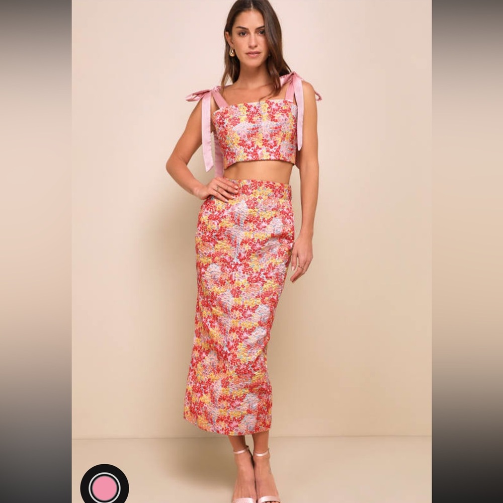 Lulus Ellarina pink multi metallic tie strap two piece midi dress